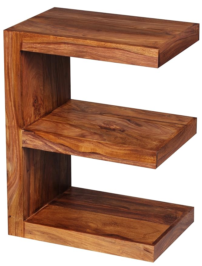 Wohnling Beistelltisch Massivholz Sheesham E Cube 60 cm Wohnzimmer-Tisch Design Landhaus-Stil Couchtisch Natur-Produkt Standregal Unikat Zeitungshalter Massivholzmöbel Echtholz Anstelltisch braun