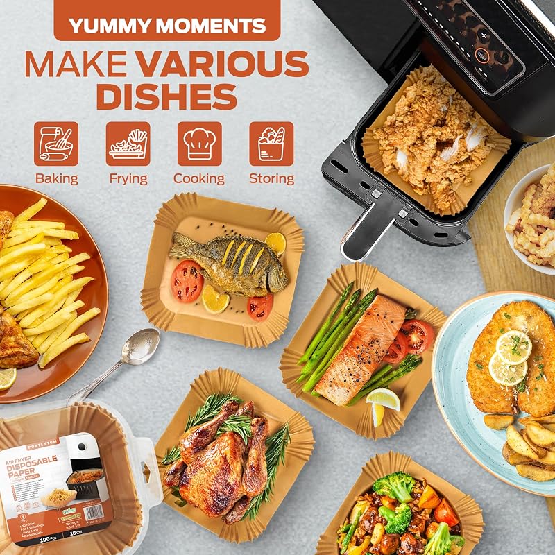 Papel freidora aire 100 unidades de 20-24 cm Cuadrado. Para Air Fryer, Grado alimenticio con triple certificación BPA free, FDA y LFGB