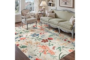 PureCozy 5x7 Area Rug Floral Washable Living Room Boho Kitchen Carpet Indoor Ultra Soft Beige Bedroom Non Slip Low Pile Accen