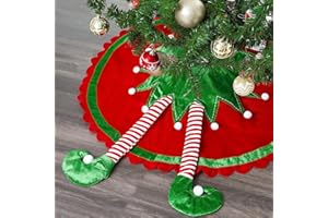 TANGJING 48-inch Elf Christmas Tree Skirt with Candy Striped Legs, Red Tree Skirts Xmas Tree Mat Elf Themed Decorations and Ornaments for Holiday Merry Christmas Party Christmas Tree Decoration