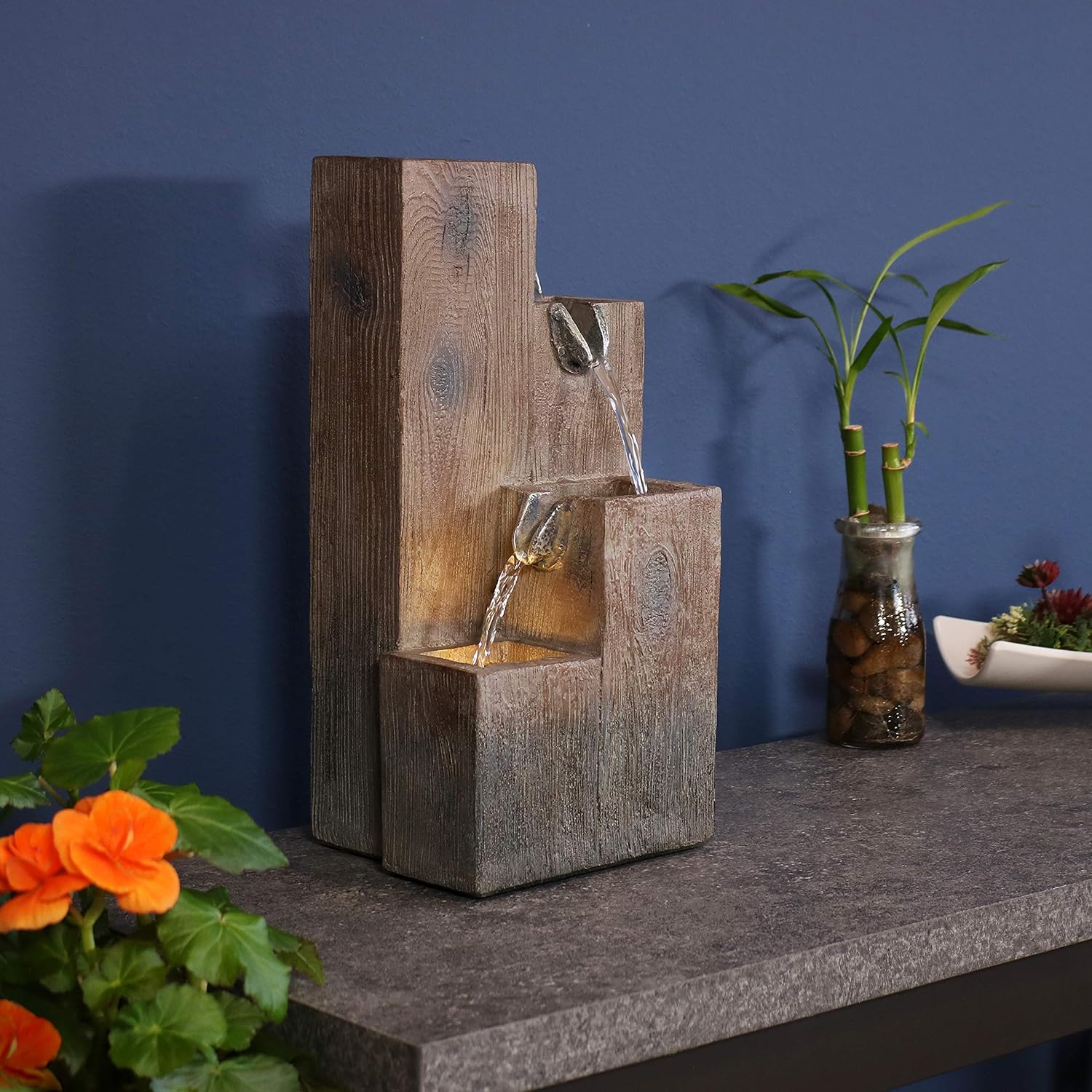 Sunnydaze 13-Inch Faux Wood Tiered Columns Indoor Tabletop Water Fountain with LED Light - Mini Interior Water Feature for Home and Office - Small Decorative Fountain: Kitchen & Dining