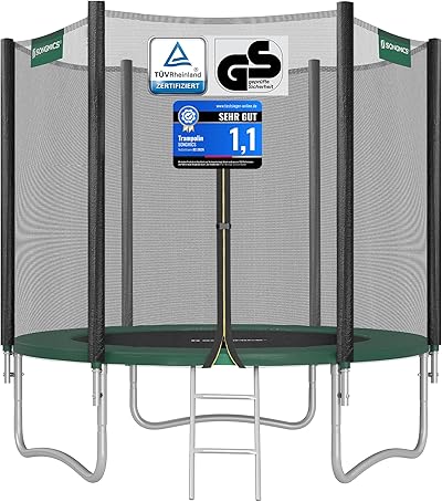 SONGMICS Trampolin Outdoor Ø 183/244/305/366/427 cm, rundes Gartentrampolin Kindertrampolin mit Randabdeckung, mit Sicherheitsnetz, mit Leiter und gepolsterten Stangen