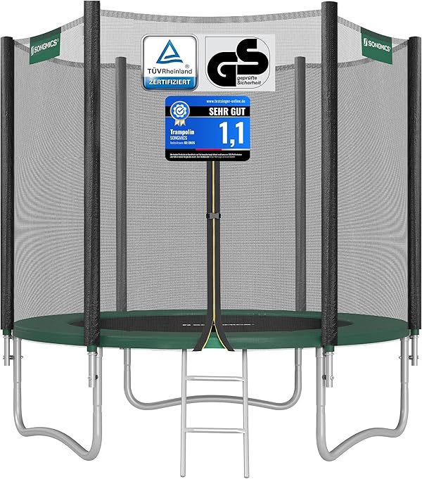 SONGMICS Trampolin Outdoor Ø 183/244/305/366/427 cm, rundes Gartentrampolin Kindertrampolin mit Randabdeckung, mit Sicherheitsnetz, mit Leiter und gepolsterten Stangen