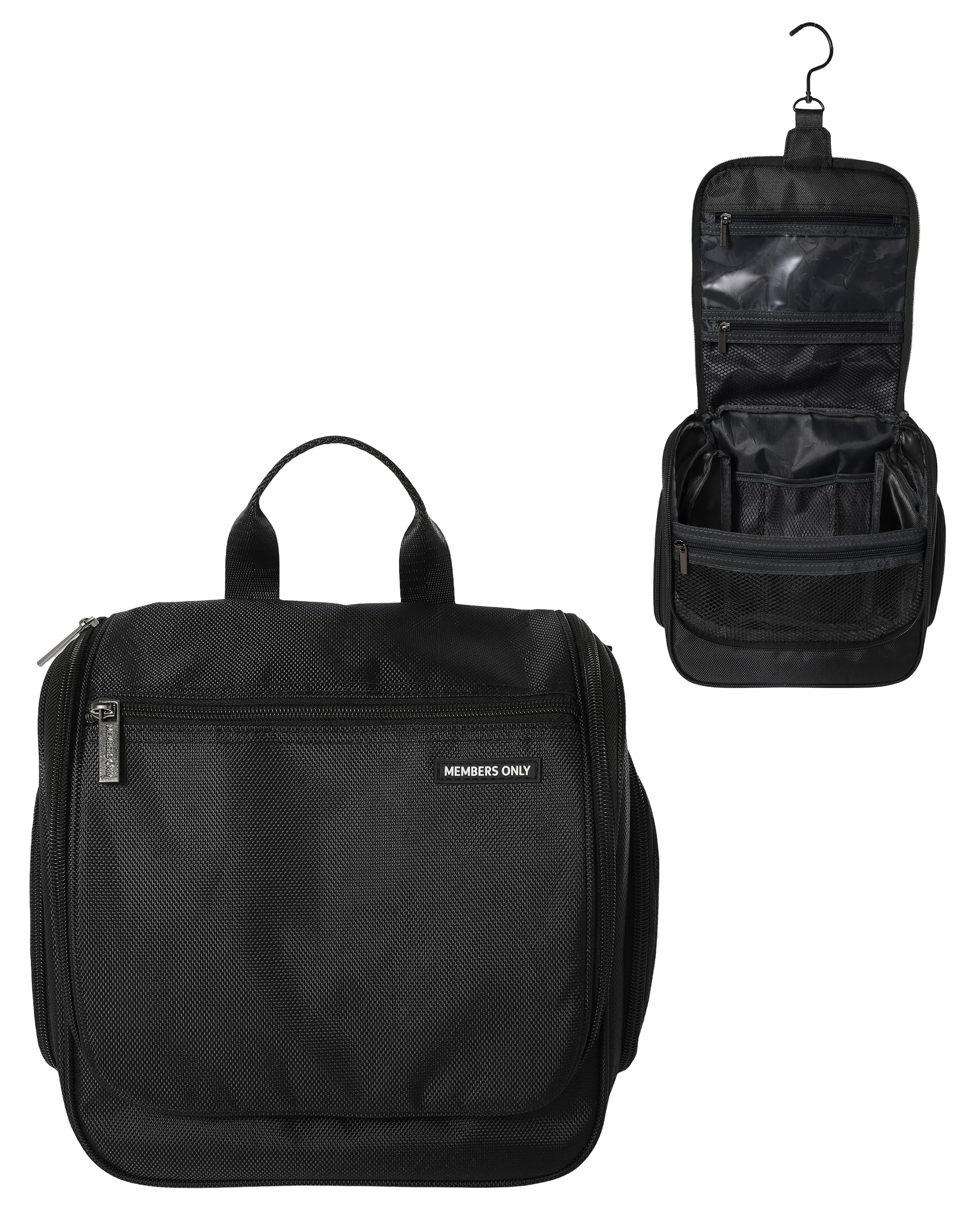 Members Only Hanging Toiletry Bag with Rotating Hook, Black Toiletry Organizer, Bathroom Bag