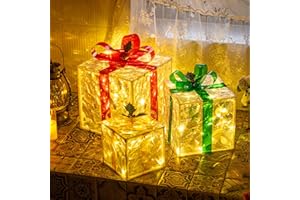TISEJOY Set of 3 Christmas Lighted Gift Boxes,8 Light Modes Light Up Present Boxes Christmas Decorations for Indoor Outdoor Porch Yard Tree Holiday Decor（Warm White）