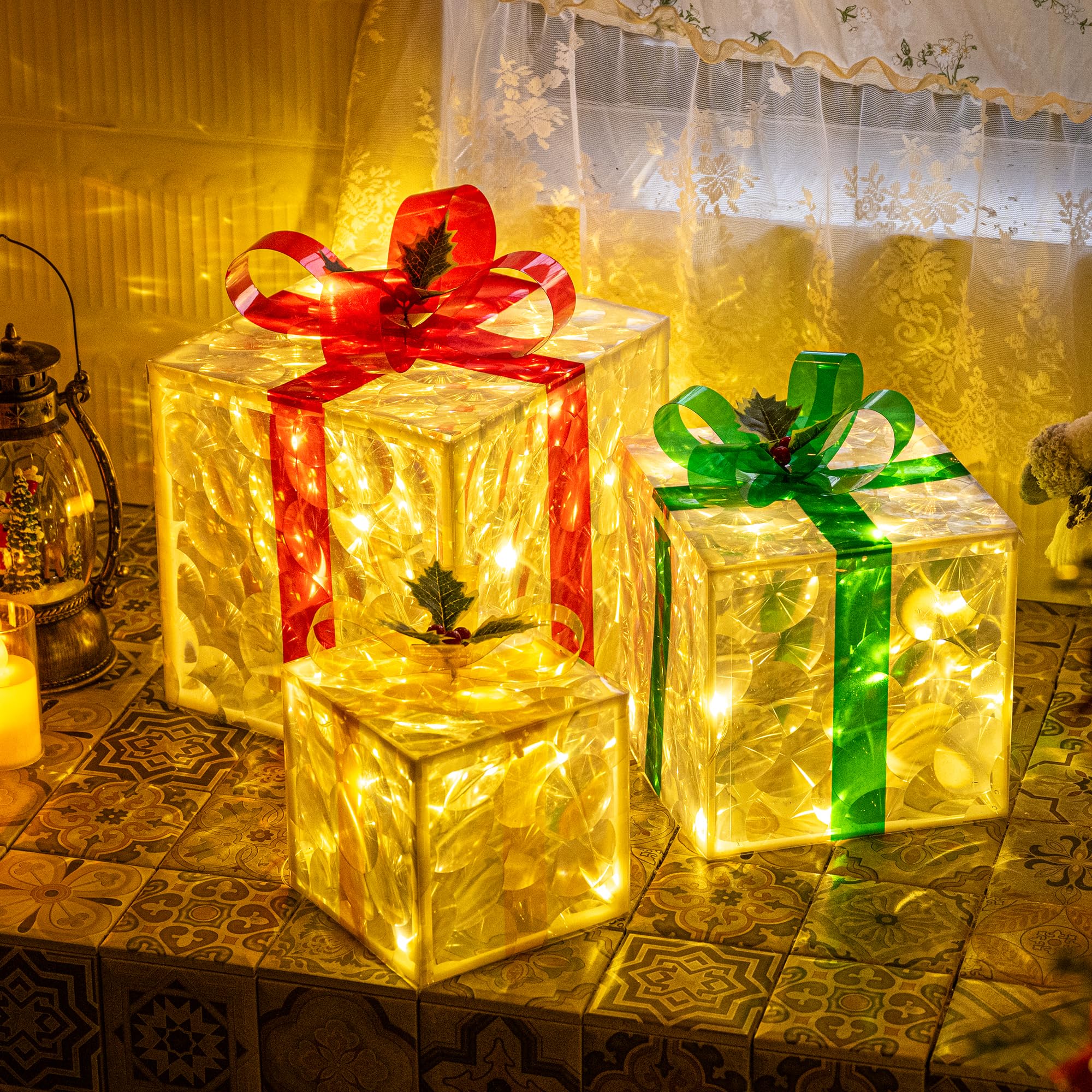 Photo 1 of TISEJOY Set of 3 Christmas Lighted Gift Boxes,8 Light Modes Light Up Present Boxes Christmas Decorations for Indoor Outdoor Porch Yard Tree Holiday Decor?Warm White?