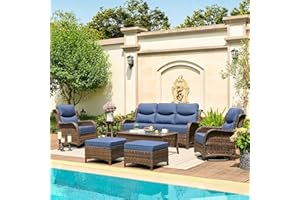 HILLGA Luxury Patio Furniture Set with 6-inch Thick Cushion, Outdoor Couch and High Back Swivel Rocker Patio Chairs, 7PCS Wicker Conversation Set for Deck Yard and Poolside, Blue (V2)