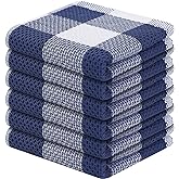 Homaxy 100% Cotton Waffle Weave Check Plaid Dish Cloths, 12 x 12 Inches, Super Soft and Absorbent Dish Towels Quick Drying Dish Rags, 6-Pack, White & Navy Blue
