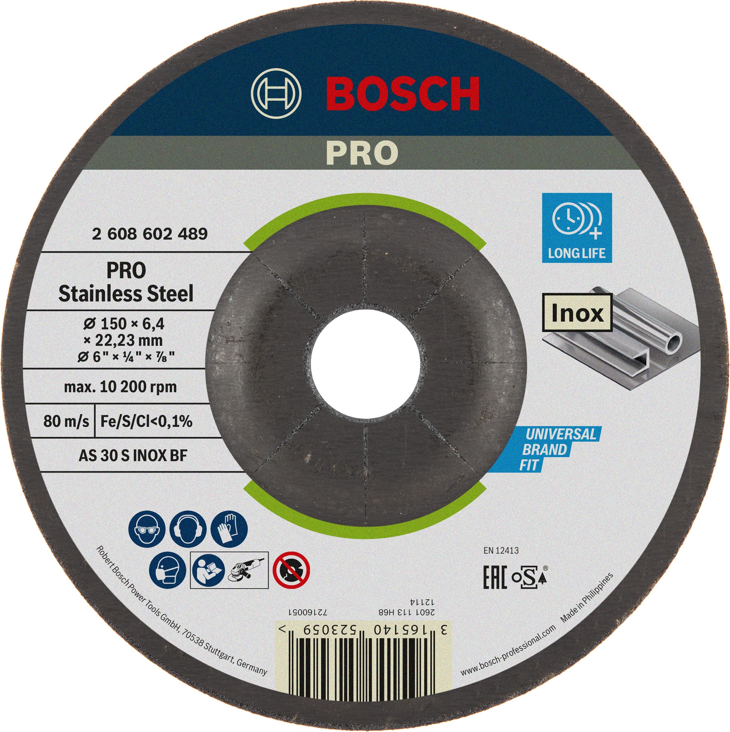 Bosch 1x PRO Stainless Steel Longlife Grinding Disc for Small Angle Grinder and Bore 22.23 mm (for Stainless steel, Ø 150 mm, Professional Accessory Small Angle Grinder)