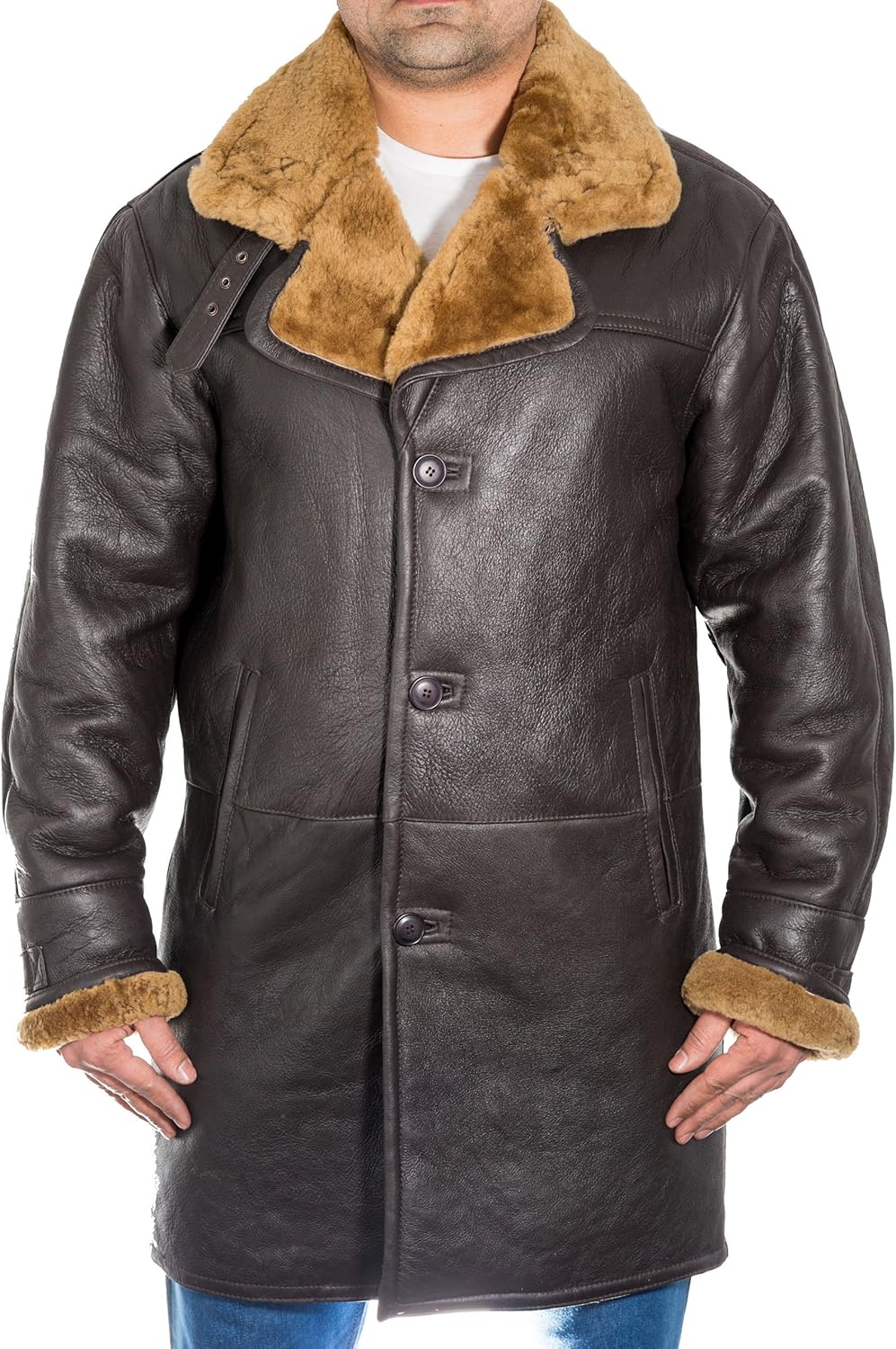 Mens Brown Leather Three Quarter Classic Trench Coat with Ginger Shearling Sheepskin Fur at 