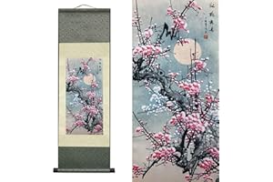 AtfArt Asian Wall Decor Beautiful Silk Scroll Painting Flowers - Plum - Red Plum Primula Primula Rubra Oriental Decor Chinese