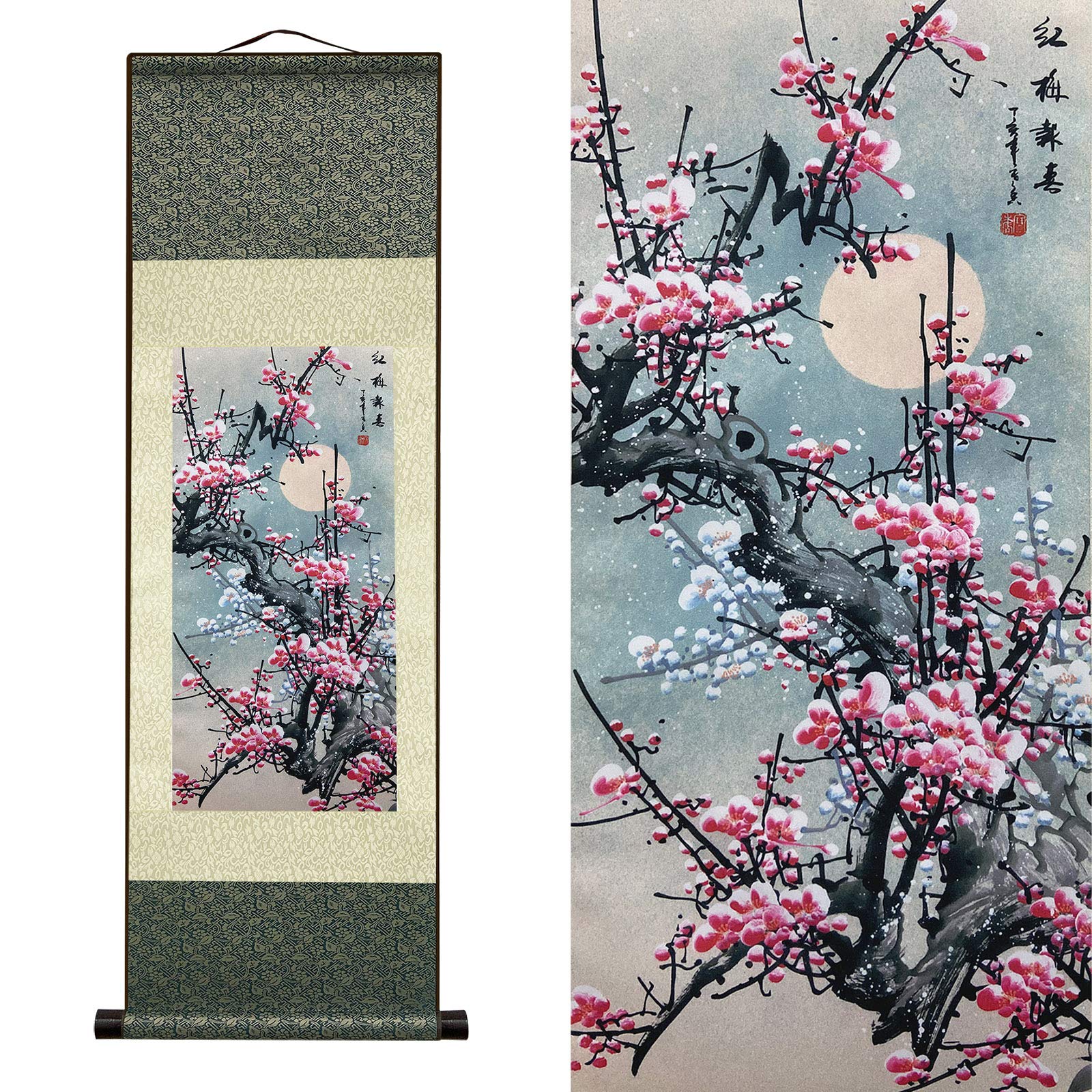FOVNOT Chinese Landscape Painting Decorations Asian Traditional Home Decoration Beautiful Silk Scroll Painting Chinese Art Print Hanging Wall Decorations for Living Room
