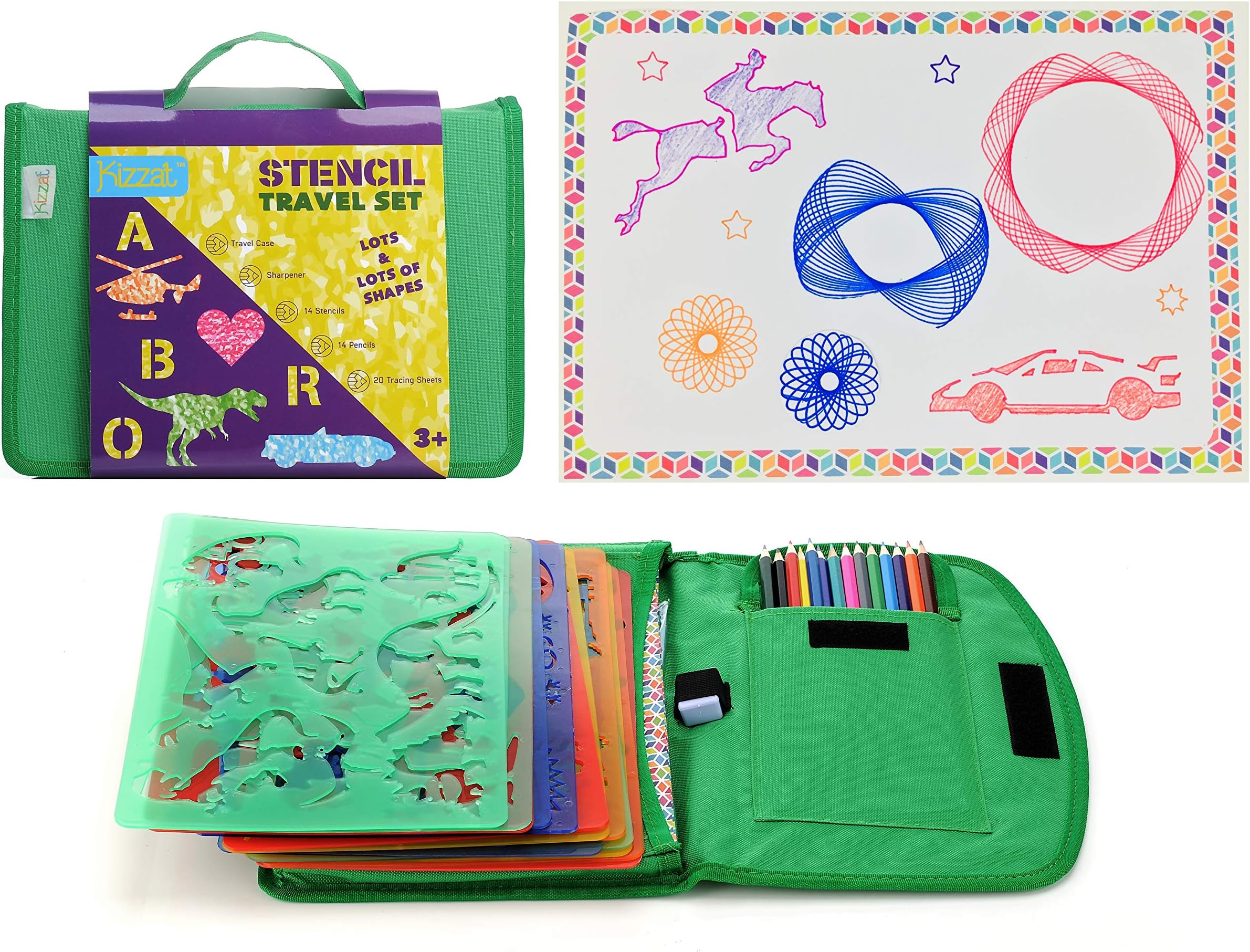 Kids Stencil Drawing Art Set with Colored Pencils, Templates, Sharpener and Bonus Spiralgraph Stencil Kit