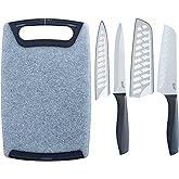 Glad Knife Set with Cutting Board, 5 Pieces | Sharp Santoku and Utility Knives with Blade Covers and Plastic Chopping Block | Kitchen Cooking Accessories,Gray