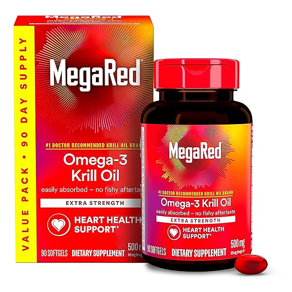 MEGARED ANTARCTIC KRILL OIL 500MG OMEGA 3 FATTY ACID SUPPLEMENT, EXTRA STRENGTH EPA & DHA KRILL OIL SOFTGELS (90CNT BOX), ASTAXANTHIN, HEART HEALTH SUPPLEMENT WITH NO FISH OIL AFTERTASTE