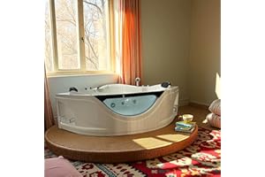 DOPERFE 59x59 Inch Corner Bathtub for 2 Person, 6 Jet Whirlpool Tub withChromatherapy LED Lights, Acrylic Soaking Tub with Hydro Massage, Includes Faucet & 2 Bath Pillows (white-2)