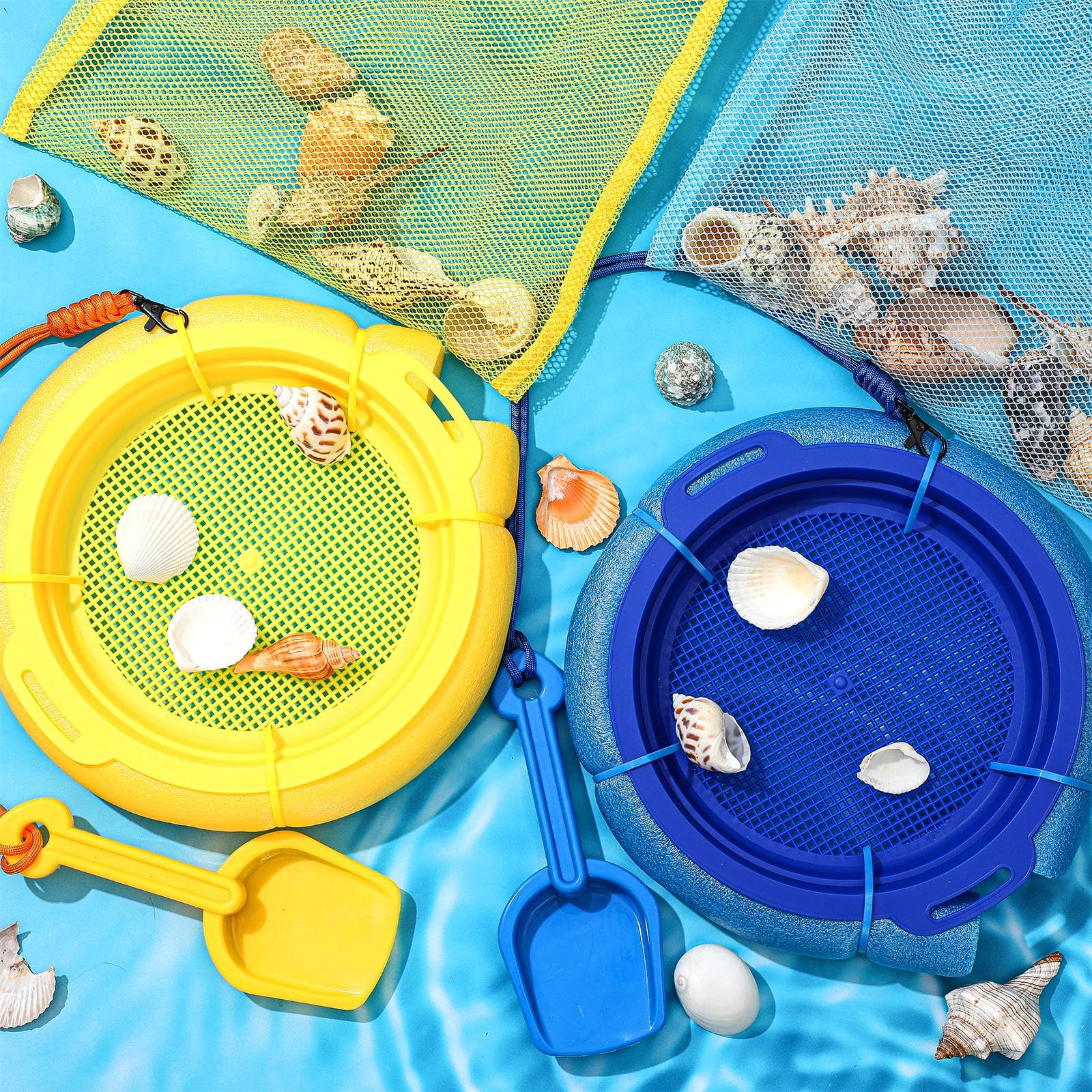 Photo 1 of Roshtia 6 Pcs Shark Tooth Sifter Set Lightweight Sand Sifter for Teeth Seashell Hunting Beach Floating Beach Sifter with Mesh Screen, Shovel, Seashell Bag for Outdoor Digging Toys