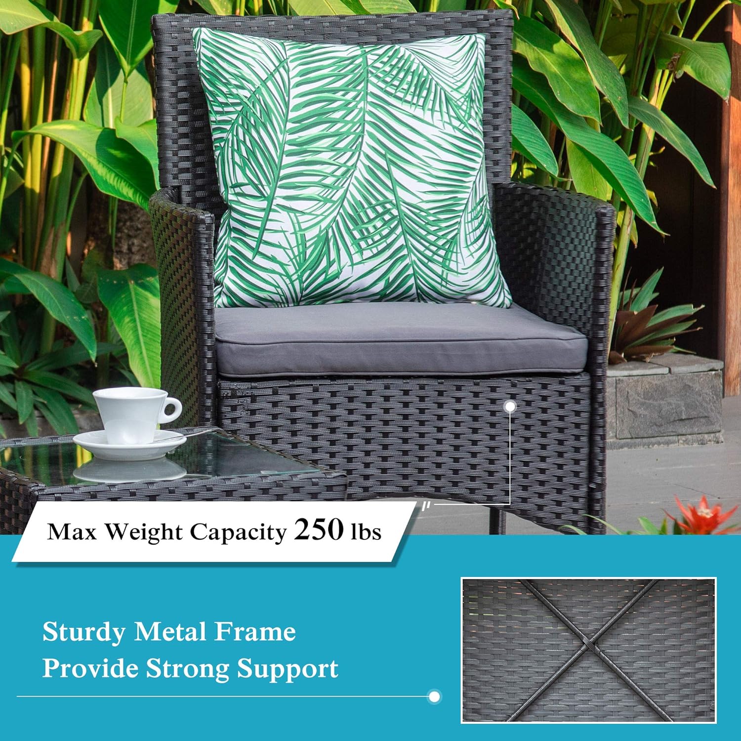 M&W 3 Pieces Patio Furniture Set, Outdoor Chairs and Coffee Table, PE Rattan Wicker Bistro Table Set for Balcony, Lawn, Garden, Backyard, Grey (Throw Pillow NOT Included): Garden & Outdoor