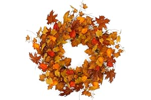 AMF0RESJ 22 inch Artificial Fall Wreath Maple Leaf Wreath with Cape Gooseberry for Front Door Indoor Outdoor Farmhouse Home Wall Window Festival Wedding Decor