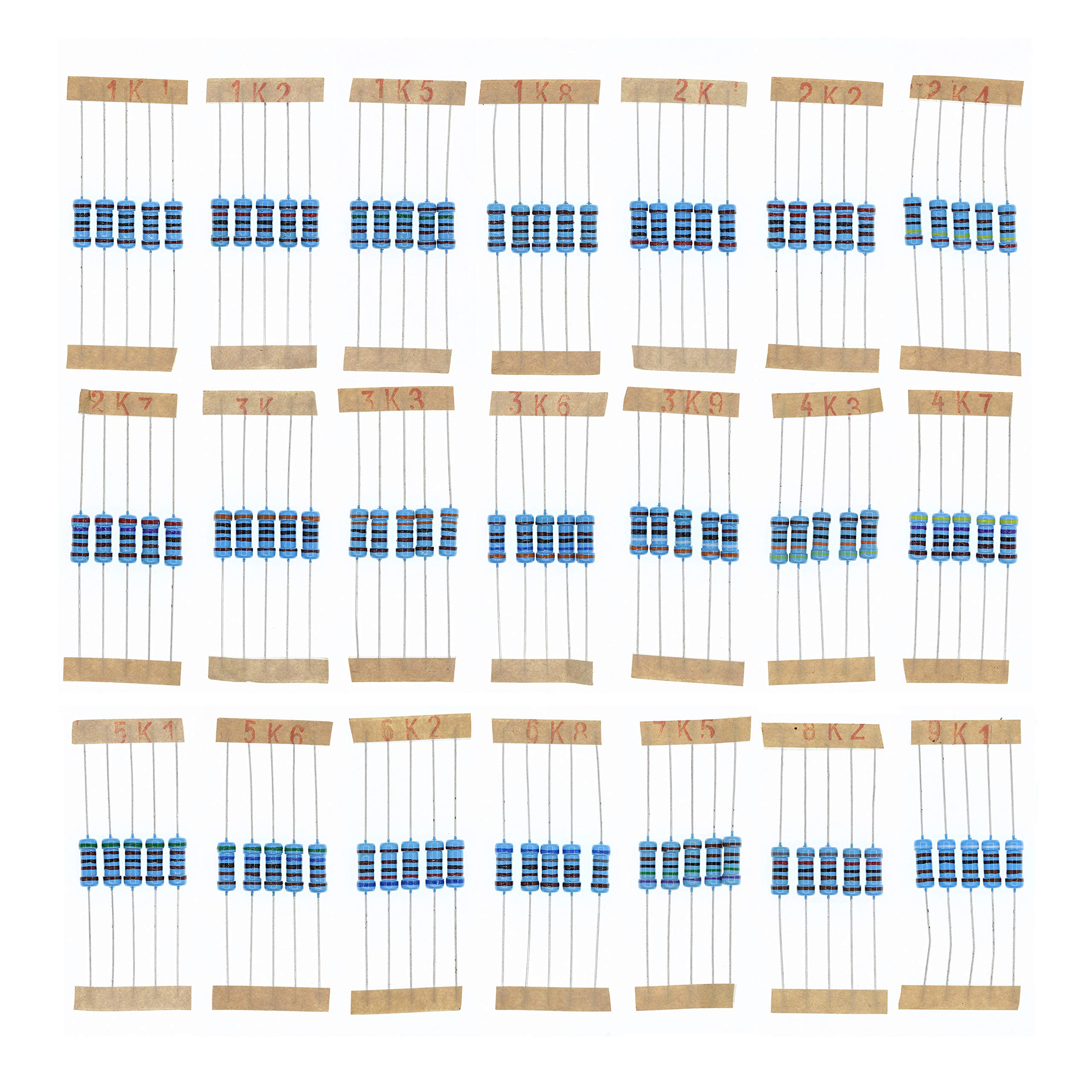 HUABAN 5PCS * 21 Values 1W 1 Watts 1K 1K2 1K5 1K8 2K 2K2 2K4 2K7 3K 3K3 3K6 3K9 4K3 4K7 5K1 5K6 6K2 6K8 7K5 8K2 9K1 Ohm 1% Metal Film Resistor