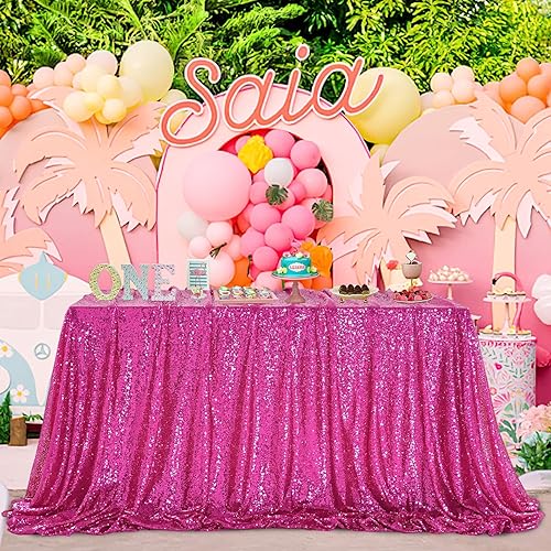 QueenDream Tablecloth Hot Pink Birthday Decorations: 90x90 Inch Sequin Tablecloth Drapes Glitter Fabric Wedding Party Table Overlay