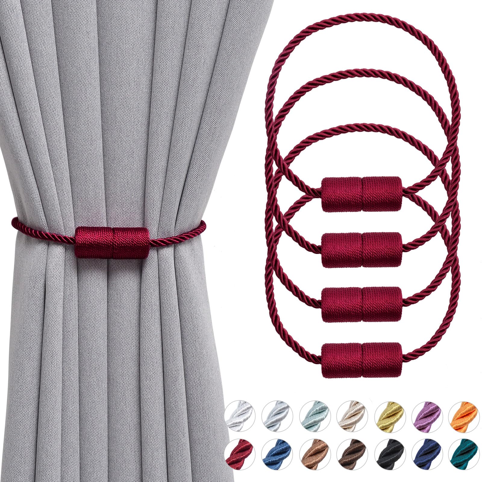 Pretty Jolly 4 Pack Magnetic Curtain Tiebacks 16 Inch Handmade Weave Side Rope Curtain Holdbacks Convenient Decorative Cylinder Curtain Drape Tie Backs for Home & Office Window Drapery (Wine Red)