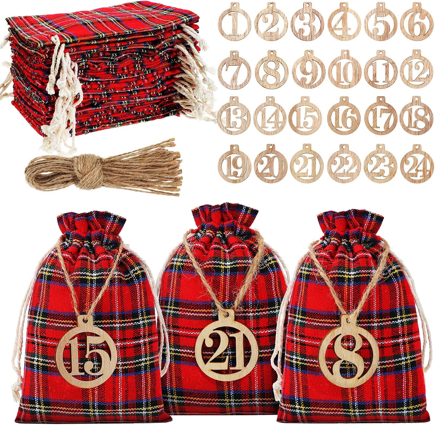 Advent Calendars - Christmas 24 Days Advent Calendar Xmas Countdown Wooden Numbers with 24 Pieces Buffalo Check Drawstring Christmas Bags for Party Decoration