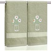 SmoothNovelty 2 Pcs Daisy Flower Hand Towels Gray Green Bathroom Decor 14x29 Inch Embroidered 100% Cotton Soft Absorbent Spring Summer Decorative Hand Towels for Bathroom Kitchen