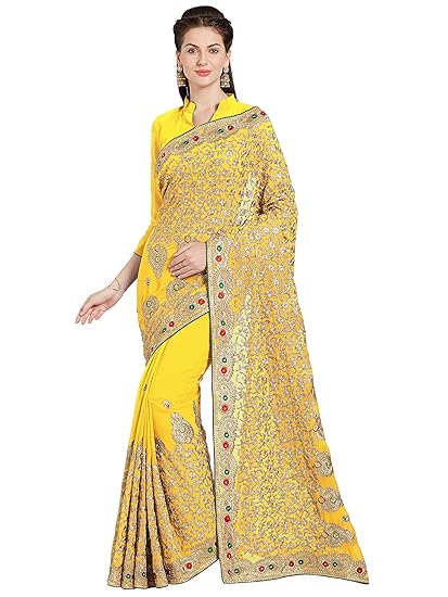Womens Faux Georgette Heavy Embroidered Saree with Blouse (9872, Yellow)