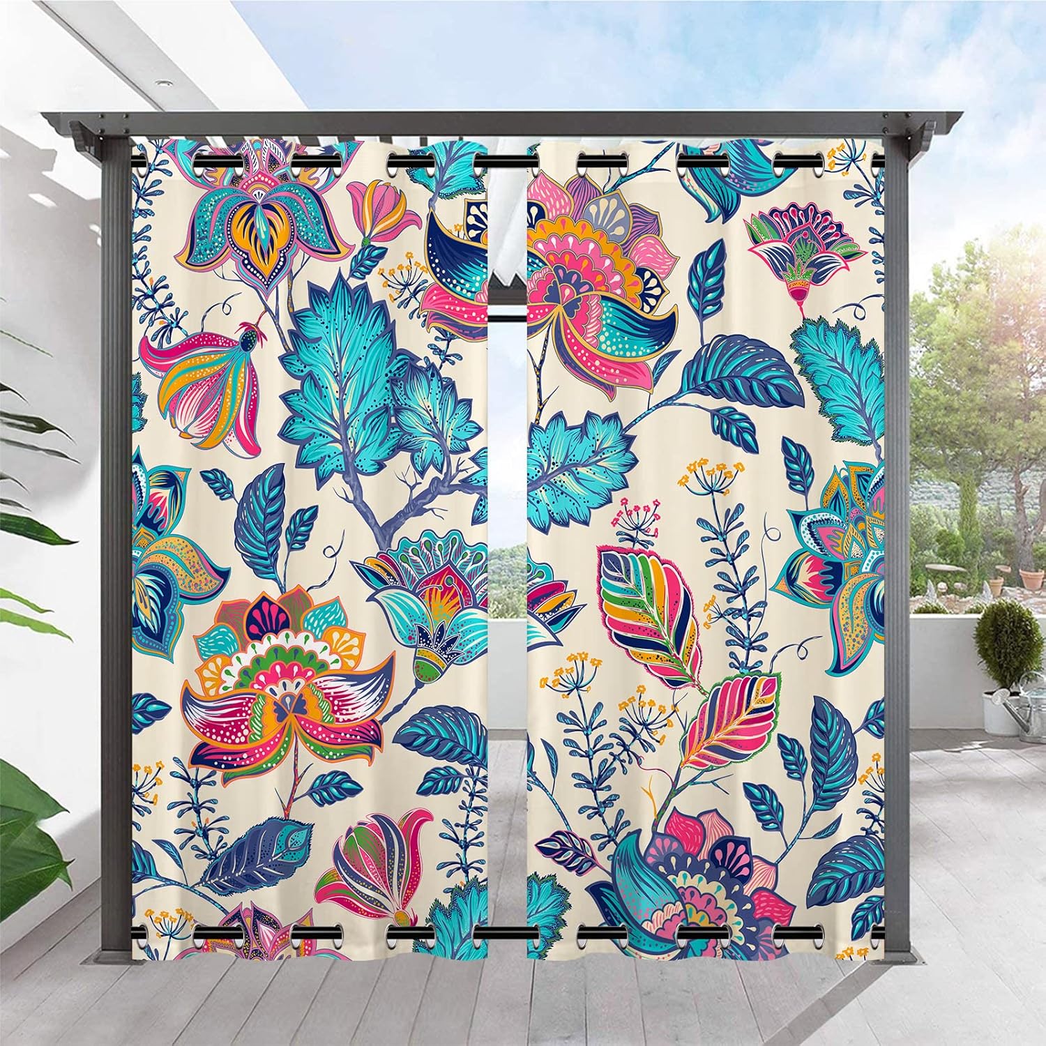 Outdoor Curtains - ANHOPE Outdoor Curtains Waterproof Grommet Top & Bottom Windproof Outside Curtains with Vintage Botanical Floral Leaf Print Pattern Privacy Curtains for Patio Gazebo Pergola 2 Panels 54 x 84 Inch