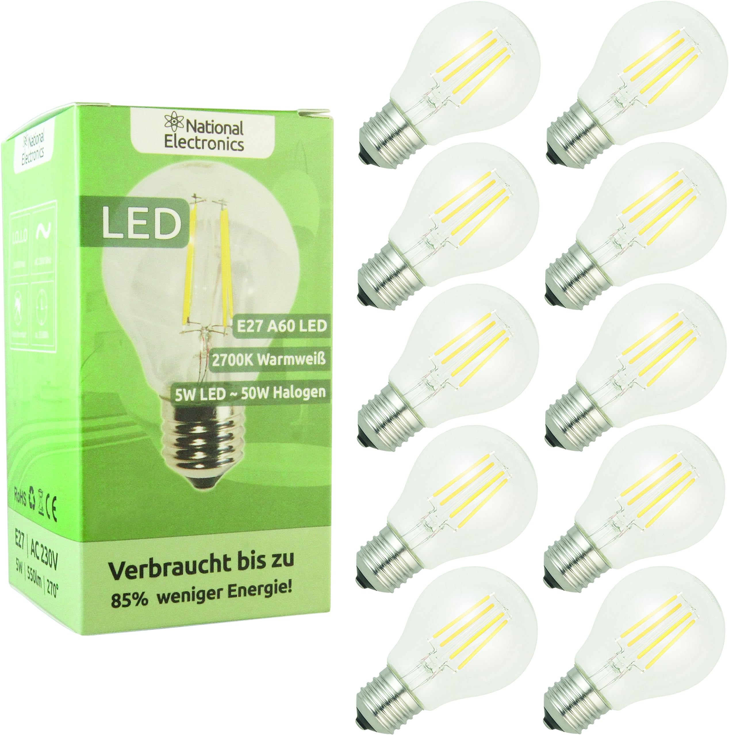 10x National Electronics® | E27 5W 550 Lumens LED | Lamp 230V AC 270 ° lamp warm white