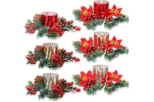 Zhanmai 12 Sets Pinecone Berry Poinsettia Candle Rings with 6 Glass Tealight Holders for Christmas Centerpiece Table Decor(Classic Style)