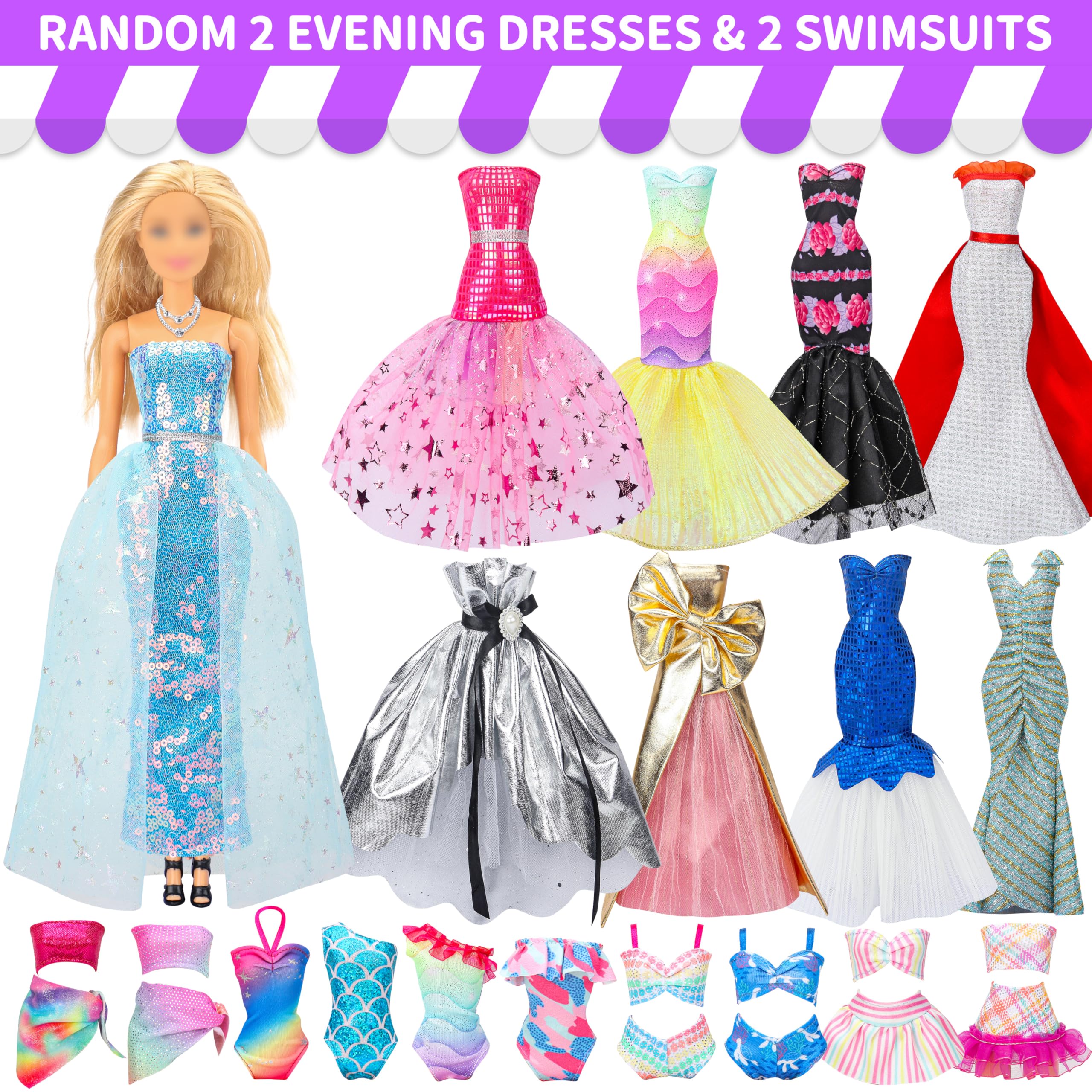 90 Pcs Doll Clothes and Accessories,2 Wedding Gowns 2 Evening Dresses 6 Fashion Dresses 4 Set Casual Outfit Top and Pant 2 Swimsuit,20 Hanger 10 Shoe 41 Accessories Toys for Girls Kid Gift