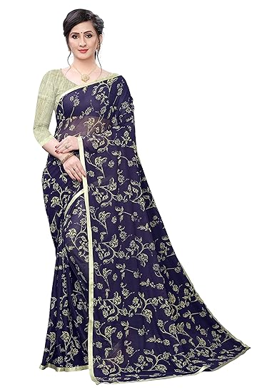 Lycra Blend Printed Saree with Contrast Blouse.