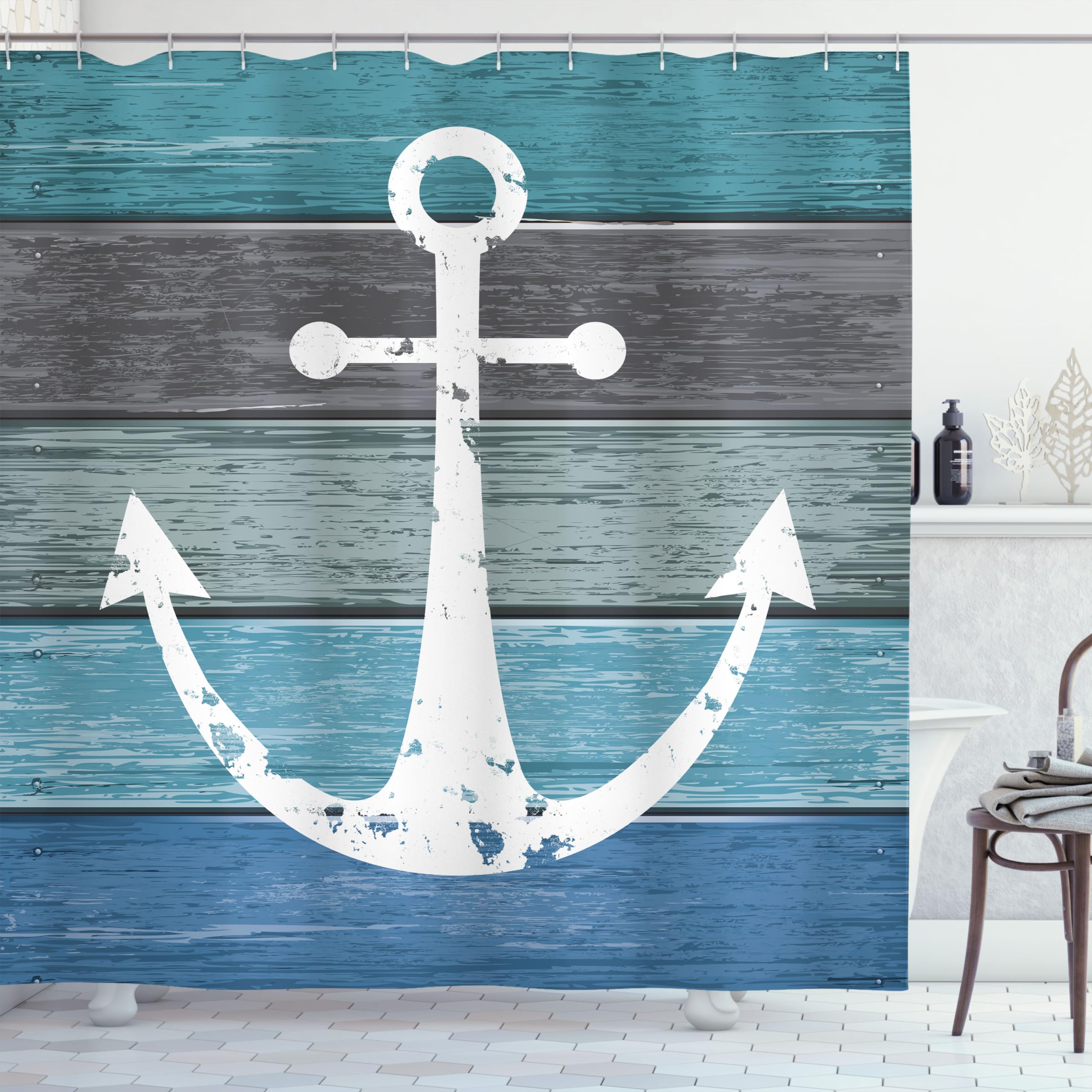 ABAKUHAUS Anchor Shower Curtain, Sailing Nautical Themed Graphic of Rustic Style Marine Ornament and Planks Art, Cloth Fabric for Bathroom Home Decor Set with Plastic Rings, 175 x 200 cm, Blue Green