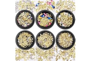 UOTEY 6 Boxes Gold Nail Gems Rhinestones and Nail Art Studs, Mixed Gold Star Bows Nail Studs Charms Luxury Nail Diamond Charms Nail Art Jewelry with Tweezers and Pickup Pencil