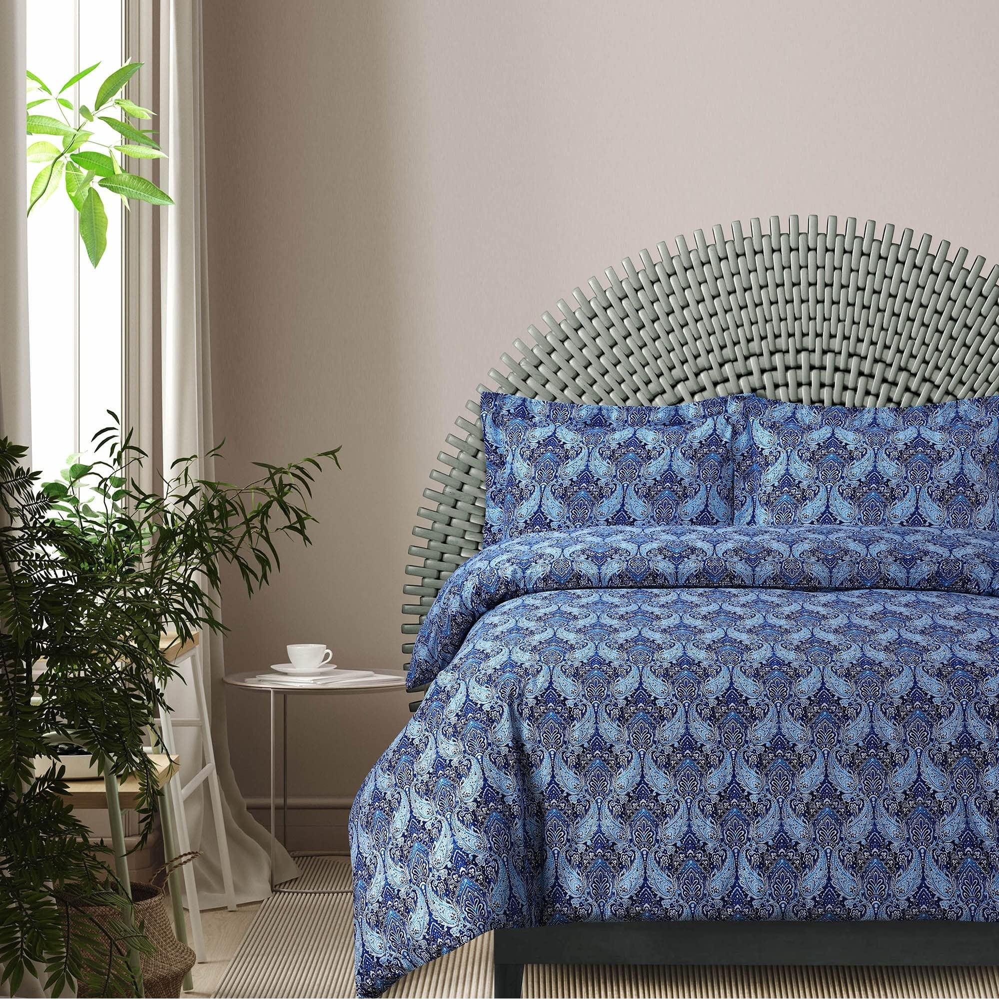 Photo 1 of Azores Home Cotton Flannel King Duvet Cover Set, Oversized, Wrinkle Resistant, Soft Touch, Includes One Duvet Cover and Two Sham Pillowcases, 170GSM, Sofi Paisley/Dark Blue