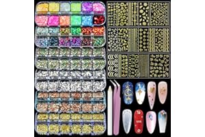 Artdone Nail Art Studs Kit, 6 boxes Multicolor And Design 3D Charms Pearls With 15 Sheets Gold Nail Stickers, Diamond Cute Nail Jewels For DIY Decoration with Pickup Tools