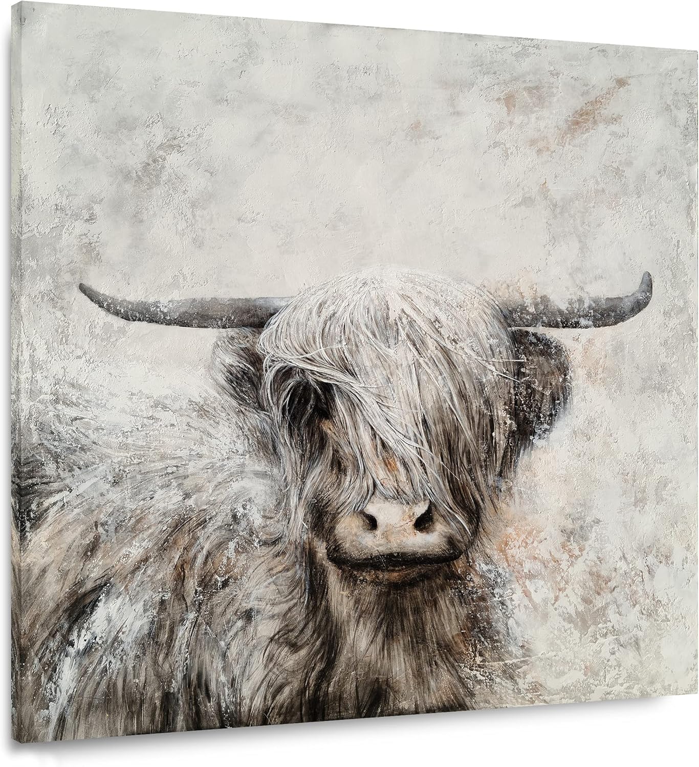 Paintings - Yihui Arts Highland Cow Canvas Wall Art Hand Painted Lovely Wild Animal Oil Paintings Grey and White Pictures Yak Artwork for Farmhouse Living Room Bedroom Bathroom Decoration