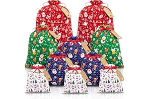 FLOE 10 PCS Christmas Drawstring Gift Bags with Tags, Xmas Gift Bags Assorted Sizes Bulk, Large Medium Small Holiday Gift Bags Cotton Fabric Gift Wrapping Bags for Christmas Presents Party Favor Goody Sack