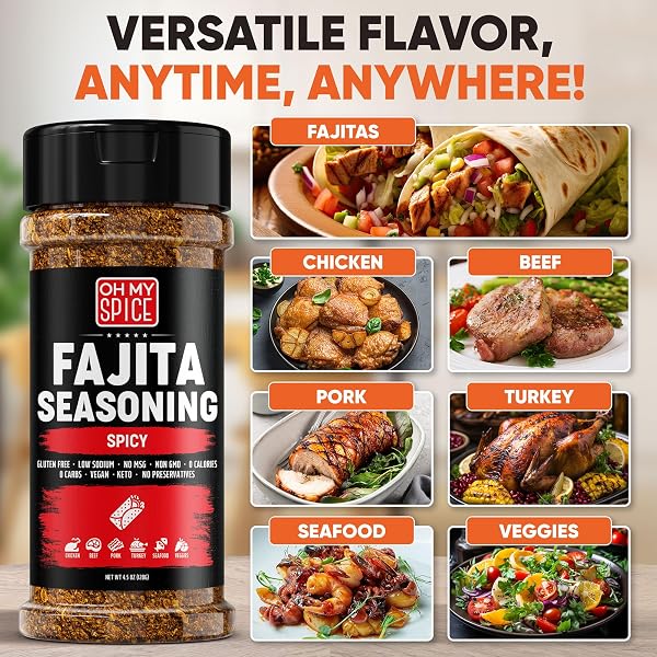FAJITA SEASONING MIX SPICY CHILI POWDER – GLUTEN FREE & LOW SODIUM MEXICAN SEASONING BLEND FOR MEAT, VEGETABLES, STEAK & CHICKEN FAJITA. TACO SEASONINGS MIX SPICES. HOT FAJITAS SEASONINGS SPICE. 4.5OZ
