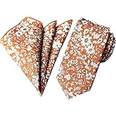 Elfeves Men's Skinny Necktie & Pocket Square Set Cotton Floral Handkerchief Tie