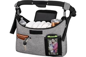 DigiGlow Universal Stroller Organizer with Double Cup Holder， Double Hanging Hooks & Shoulder Strap, Fits for Stroller like Uppababy, Baby Jogger, Britax, BOB, Umbrella and Pet Stroller Grey