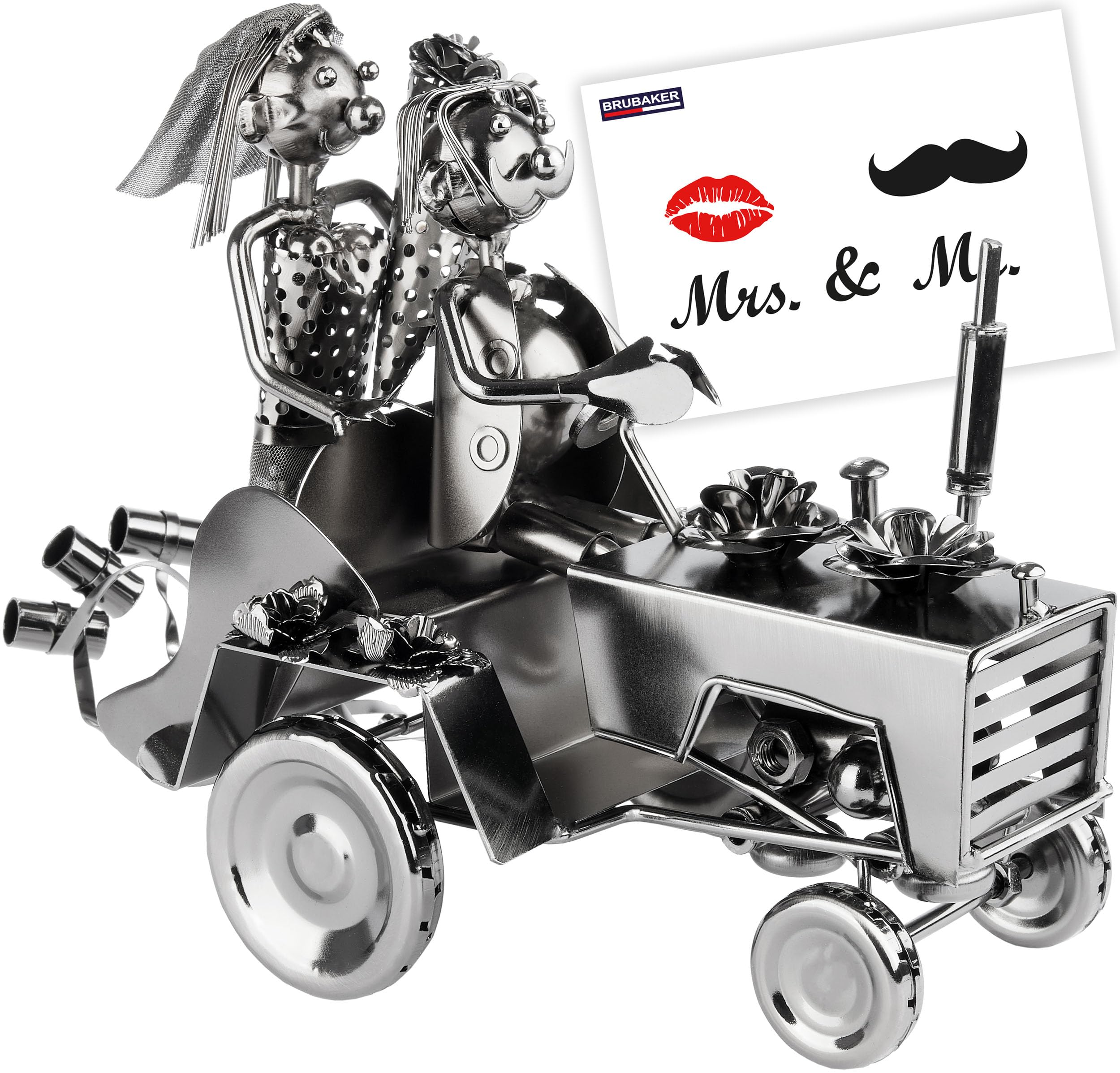 BRUBAKER Screw Man Wedding Couple on Tractor - Iron Figurine of a Tractor with Flowers and Tin Cans - Wedding Gift - Metal Marriage Present