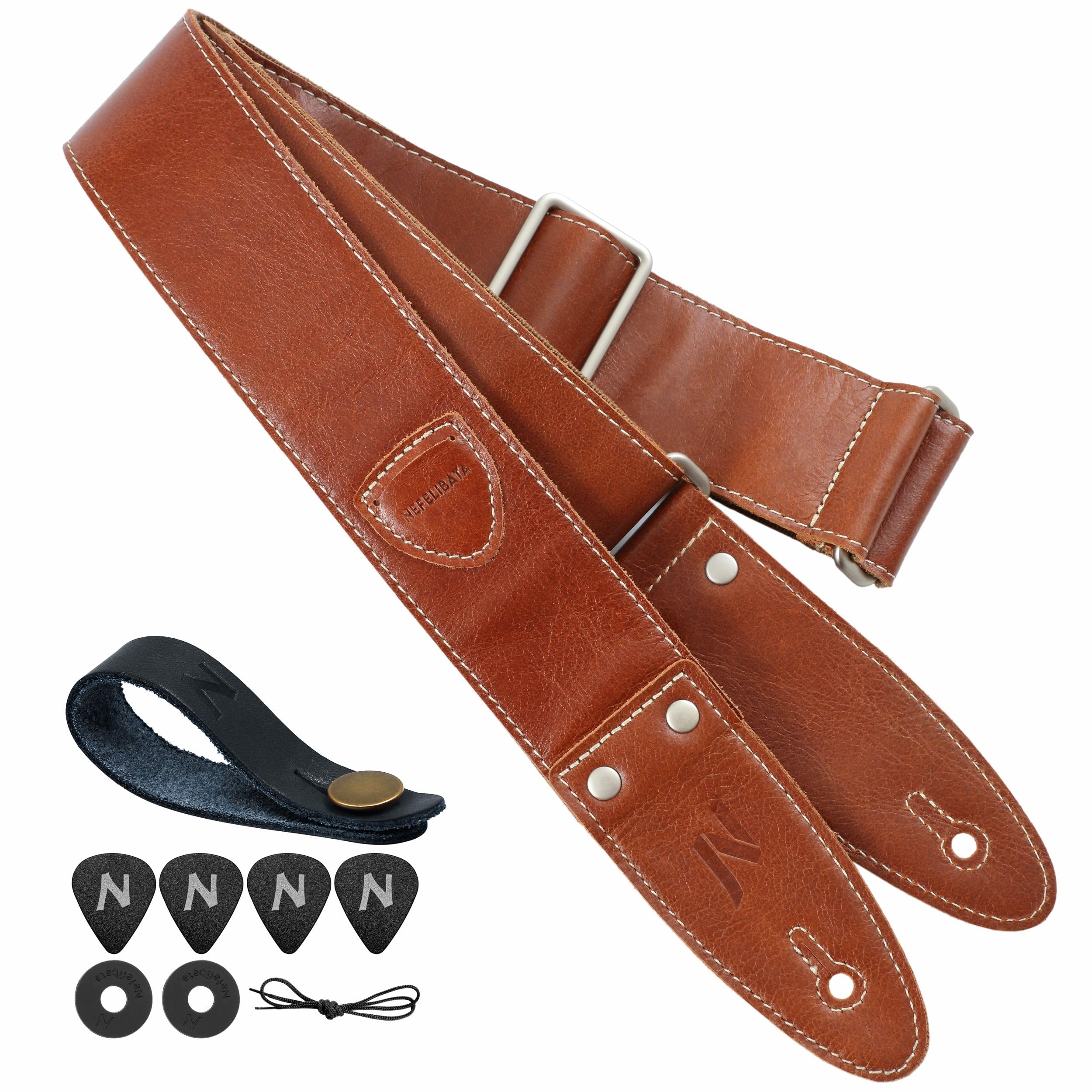 Nefelibata Guitar Strap, 2" Full Grain Leather Guitar Straps with Pick Pocket for Bass, Electric & Acoustic Guitar, Come with Guitar Picks,Strap Button and Strap Locks(Coffee Brown)