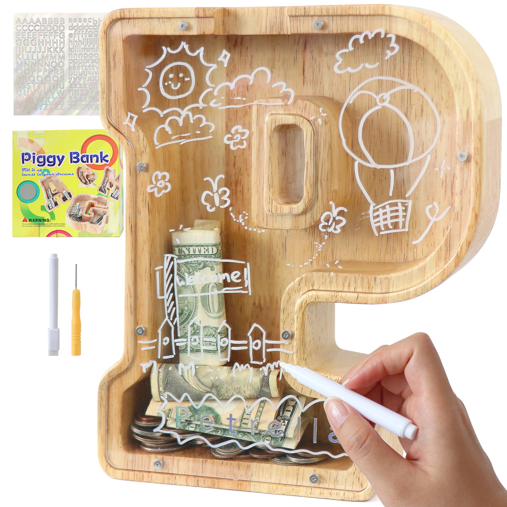 Lakpopya Wooden Money Box Letters for Children Adults Large A-Z Personalised Piggy Bank with Target Area Transparent Alphabet Money Box, Gift Decoration Christening for Boys Girls (P)