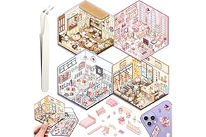 DRAUPNIR DIY 3D House Stickers, 4 Set Fun DIY Stickers Scene Make Your Own Warm Home, Supermarket, Coffee Shop, Music Bar, Cute 3D Cartoon Scene Stickers for Adult Kids Relief Stress Pass The Time (XM2.0)