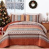 WONGS BEDDING Boho Quilt Set Queen Size Burnt Orange, 3 Pieces Fall Striped Bedspread Coverlet Set, Christmas Halloween Soft Lightweight Microfiber for All Season(96"×90")