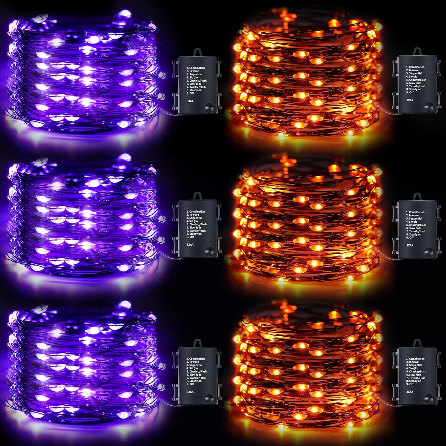String Lights - Halloween Orange and Purple Lights, 16.4ft 50 LED Halloween Lights, 8 Modes Battery Operated Purple Orange Fairy String Lights for Halloween DIY Home Bedroom Holiday Party Decor (Classic,6 Pack)