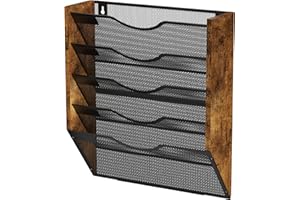 KOOZUUYK Ironwood Hanging Wall File Organizer, 5 Pocket Mesh Mail Organizer Wall Mounted with Nametag Label, Wall File Holder for Office Home School, Magazine Rack for Mail Paper Document Organization, Black